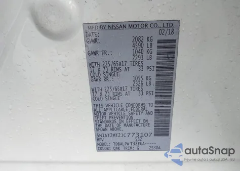 2018 Nissan Rogue S z USA, uszkodzony, nr VIN 5N1AT2MT2JC773107